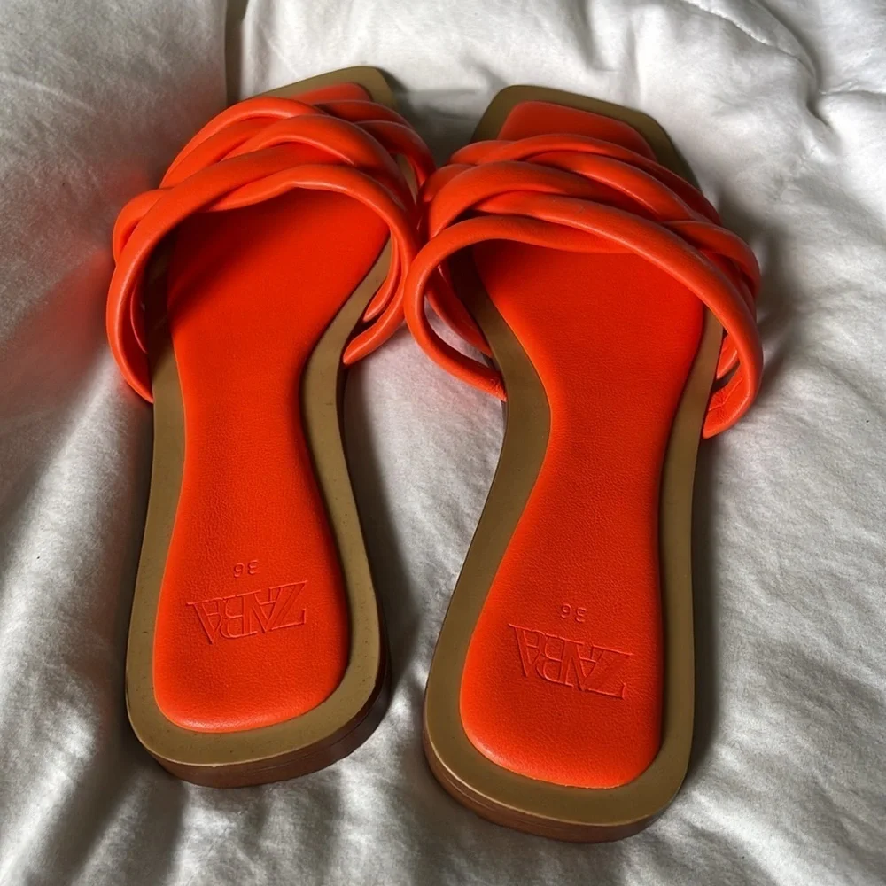 Zara |Orange | Slip On| Crisscross Straps |Sandals | Modern |Slides |Size 36 - Picture 4 of 12